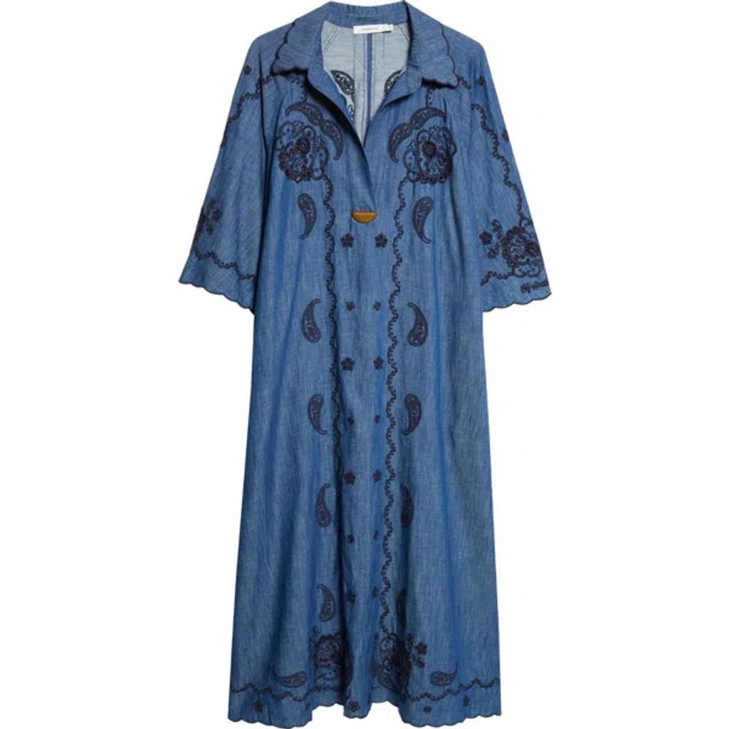 ZIMMERMANN Womens Railway Blue Aster Embroidered Denim Midi Dress Xs Product Image