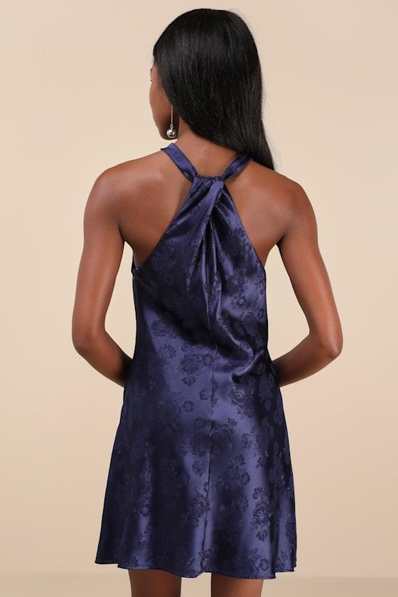 Got the Key Navy Satin Floral Jacquard Halter Mini Dress Product Image