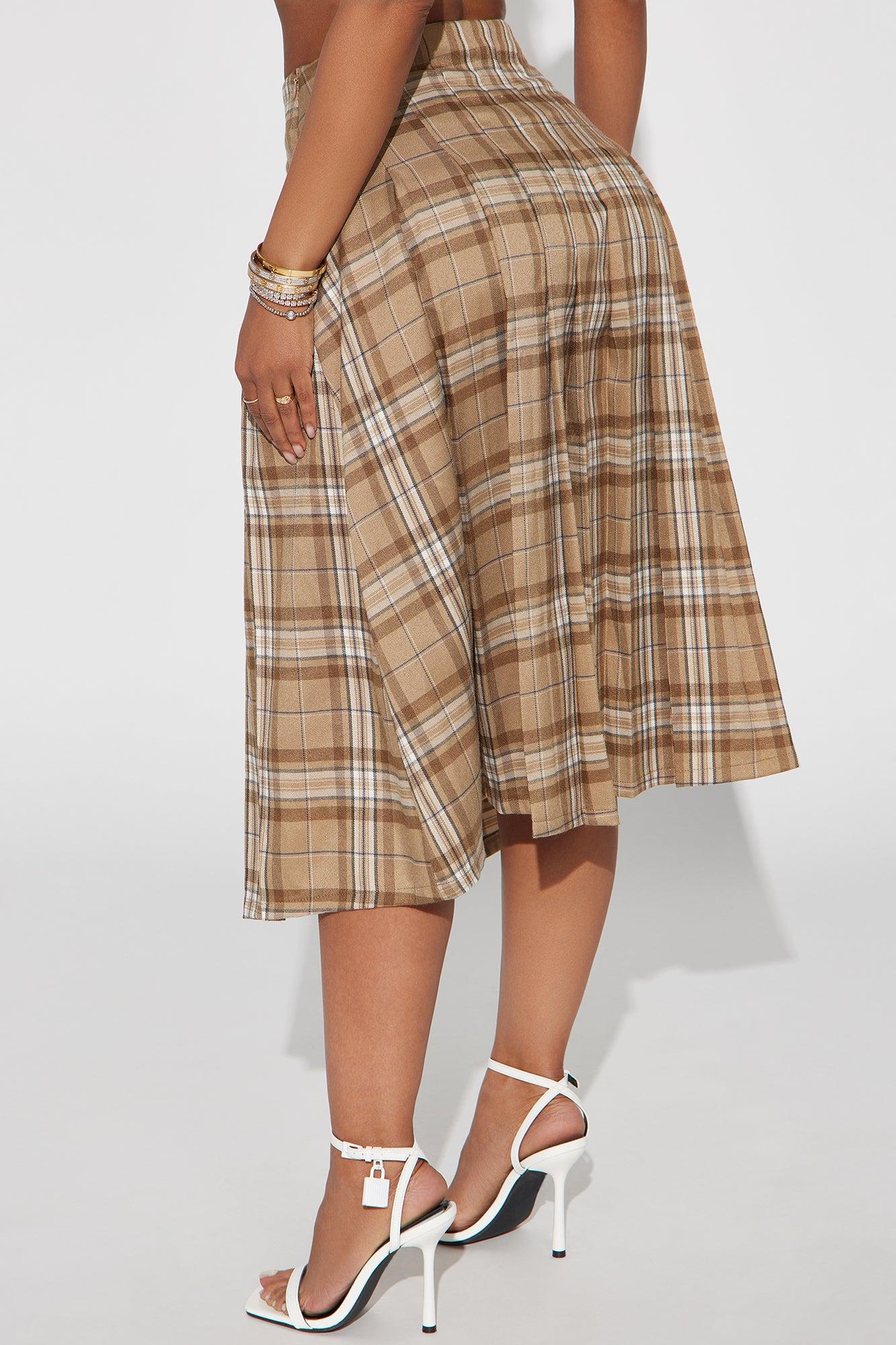 Tasha Pleated Plaid Midi Skirt - Taupe/combo Product Image
