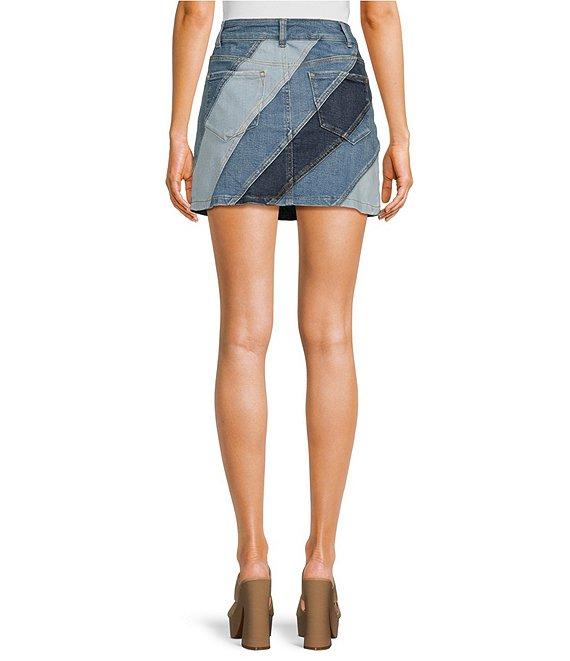 Chelsea & Violet Sara Denim Patchwork High Rise Fitted Jean Mini Skirt Product Image