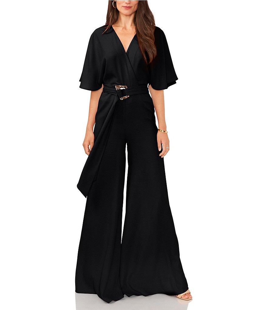 Vince Camuto Crinkle Twill V-Neck Short Sleeve Belted Wide Leg Jumpsuit Product Image