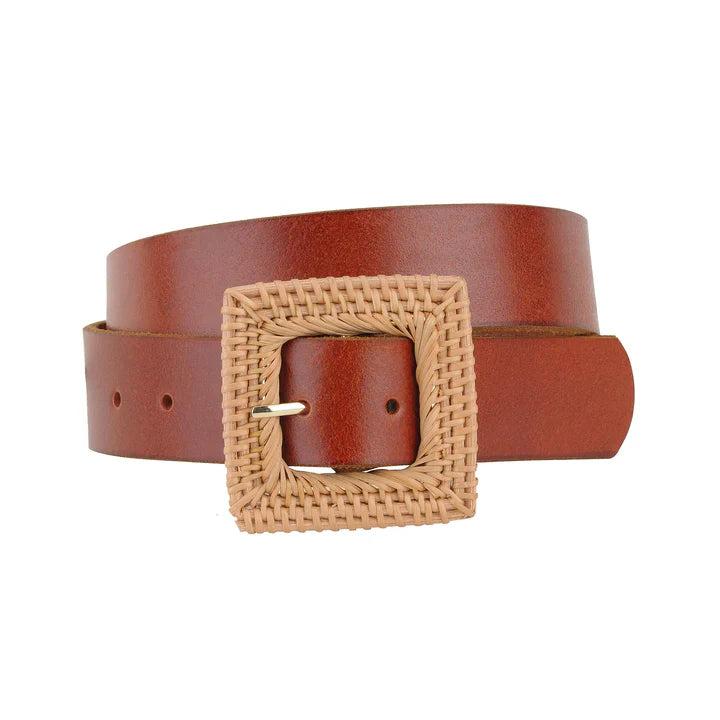 Dallas Woven Straw Square Buckle Leather Belt | Brown Product Image