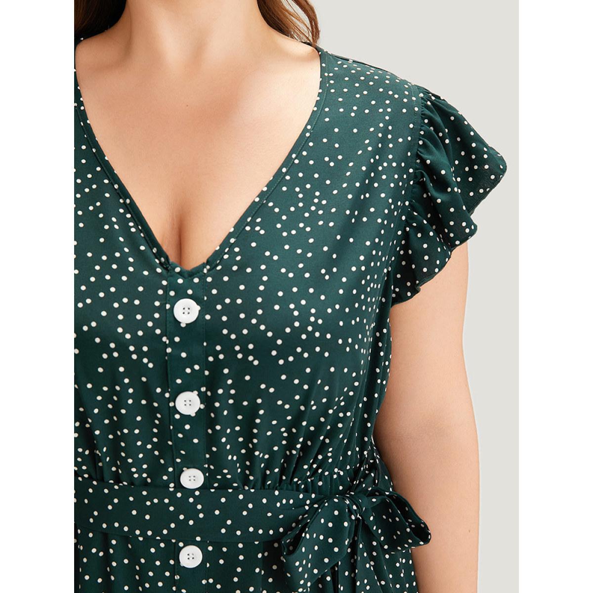 Plus Size Polka Dot Flutter Trim Button Detail Belted Dress Teal Women Office Belted V-neck Sleeveless Curvy Midi Dress BloomChic 28/5X Product Image