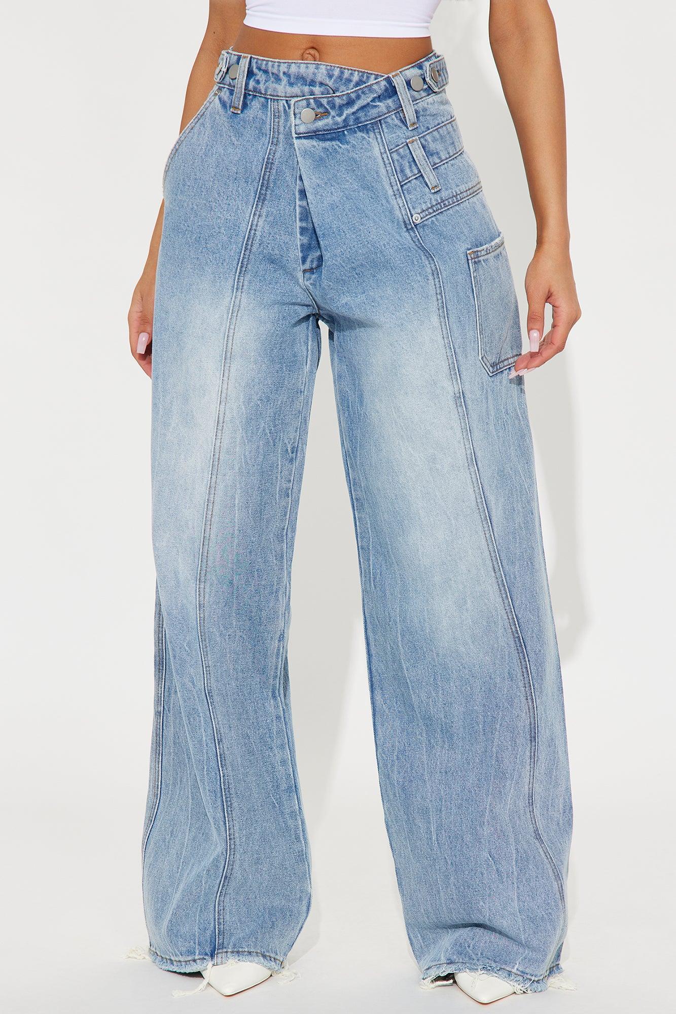 All The Best Womens Crossover Loose Wide Leg Jeans - Light Wash Product Image