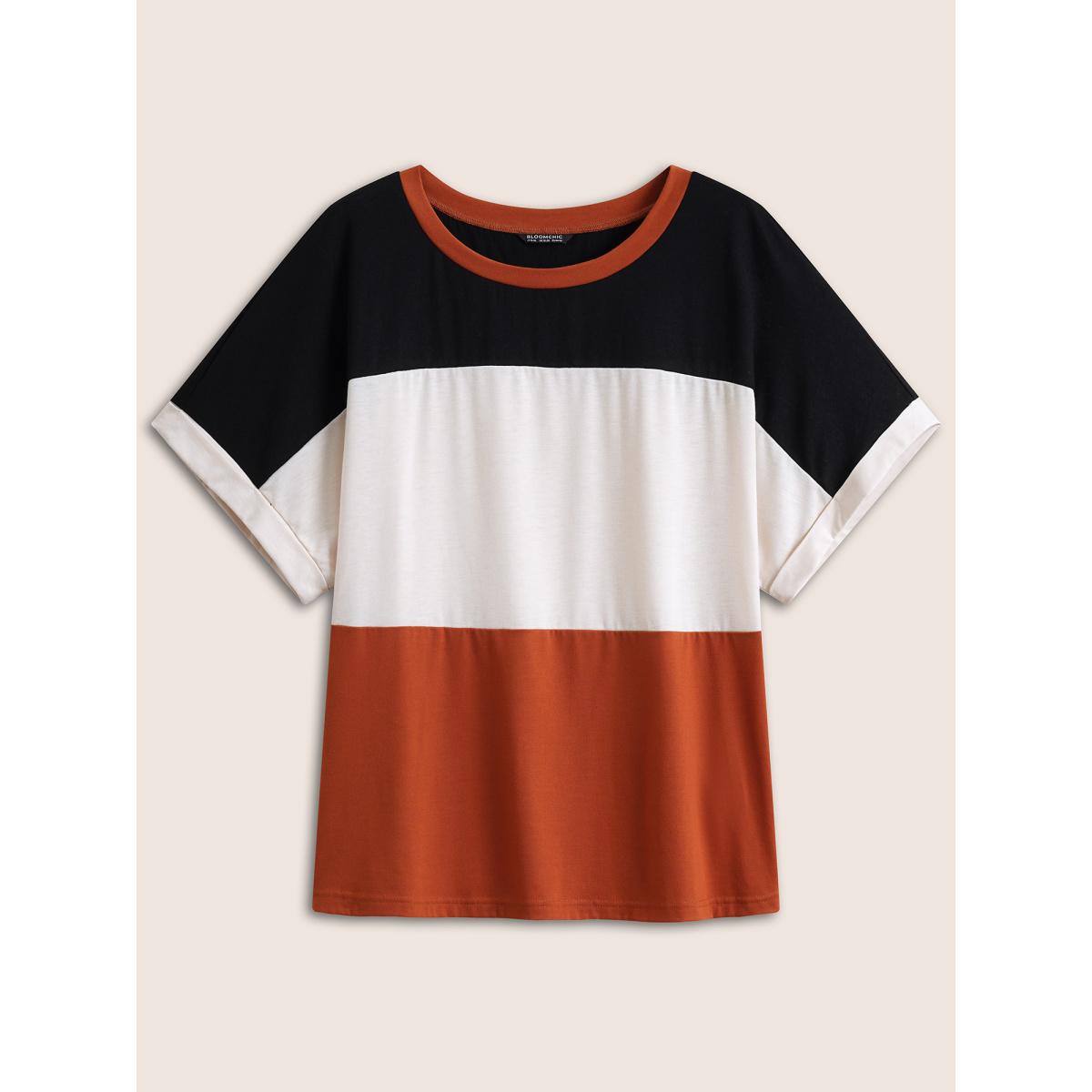 Plus Size Colorblock Contrast Cuffed Sleeve T-shirt Multicolor Women Casual Contrast Plain Round Neck Everyday T-shirts BloomChic 30/6X Product Image