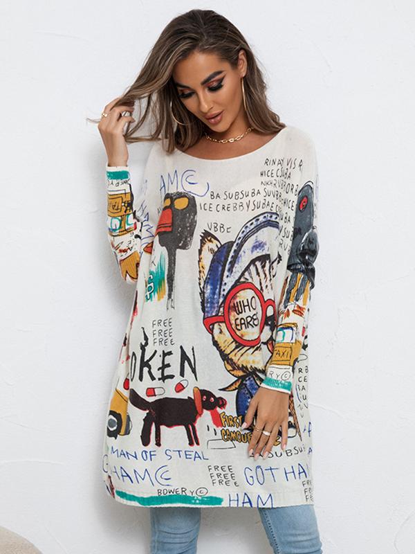 Casual Long Sleeves Loose Cartoon Printed Contrast Color Round-Neck Sweater Tops Product Image