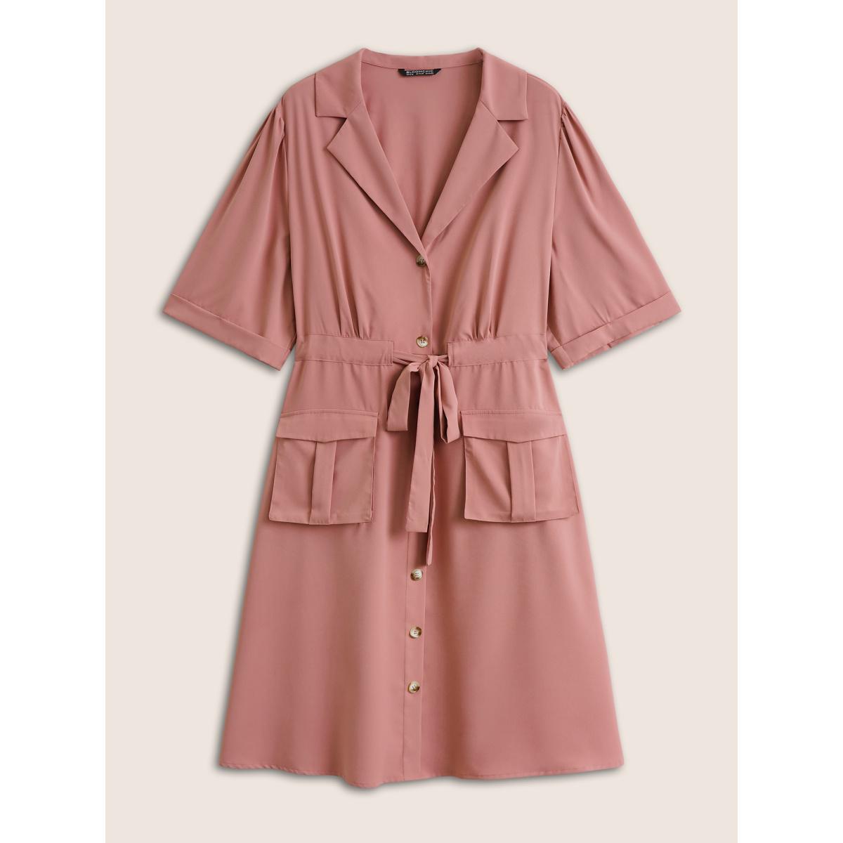Plus Size Solid Patched Pocket Ties Gathered Dress Crepe Women At the Office Non Suit Collar Half Sleeve Curvy Midi Dress BloomChic 30/6X Product Image