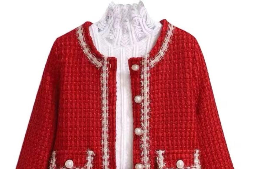 Puff-Sleeve High Neck Blouse / Tweed Faux Pearl Button-Up Jacket / High Waist Mini A-Line Skirt / Set Product Image