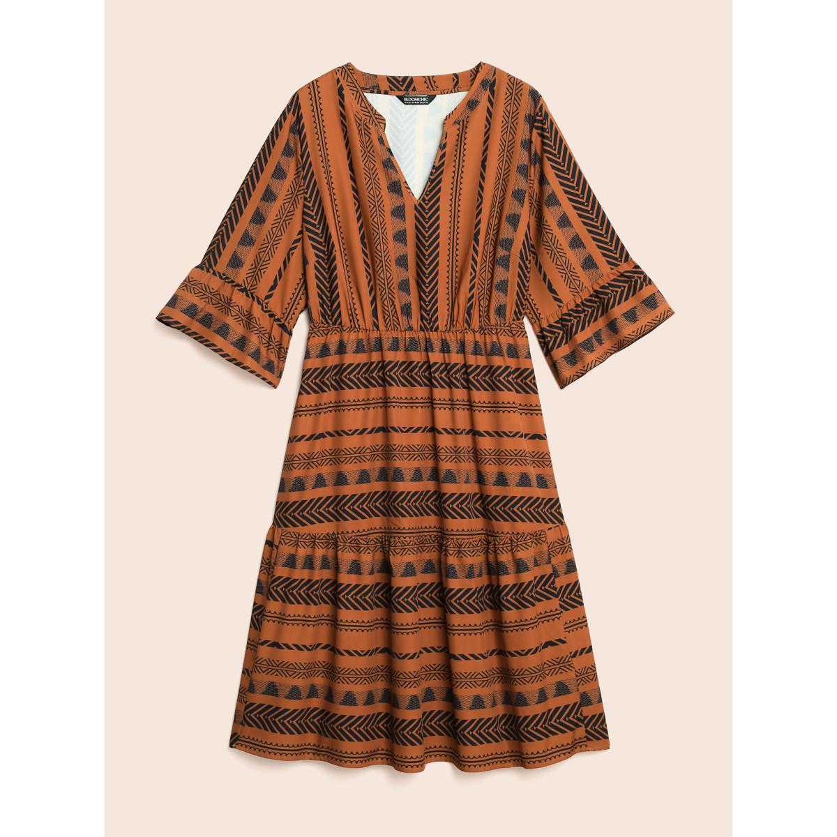 Plus Size Notched Bandana Geometric Ruffle Sleeve Dress Yellowishbrown Women Resort Ruffles Flat collar with V-notch Elbow-length sleeve Curvy BloomChic 28/5X Product Image