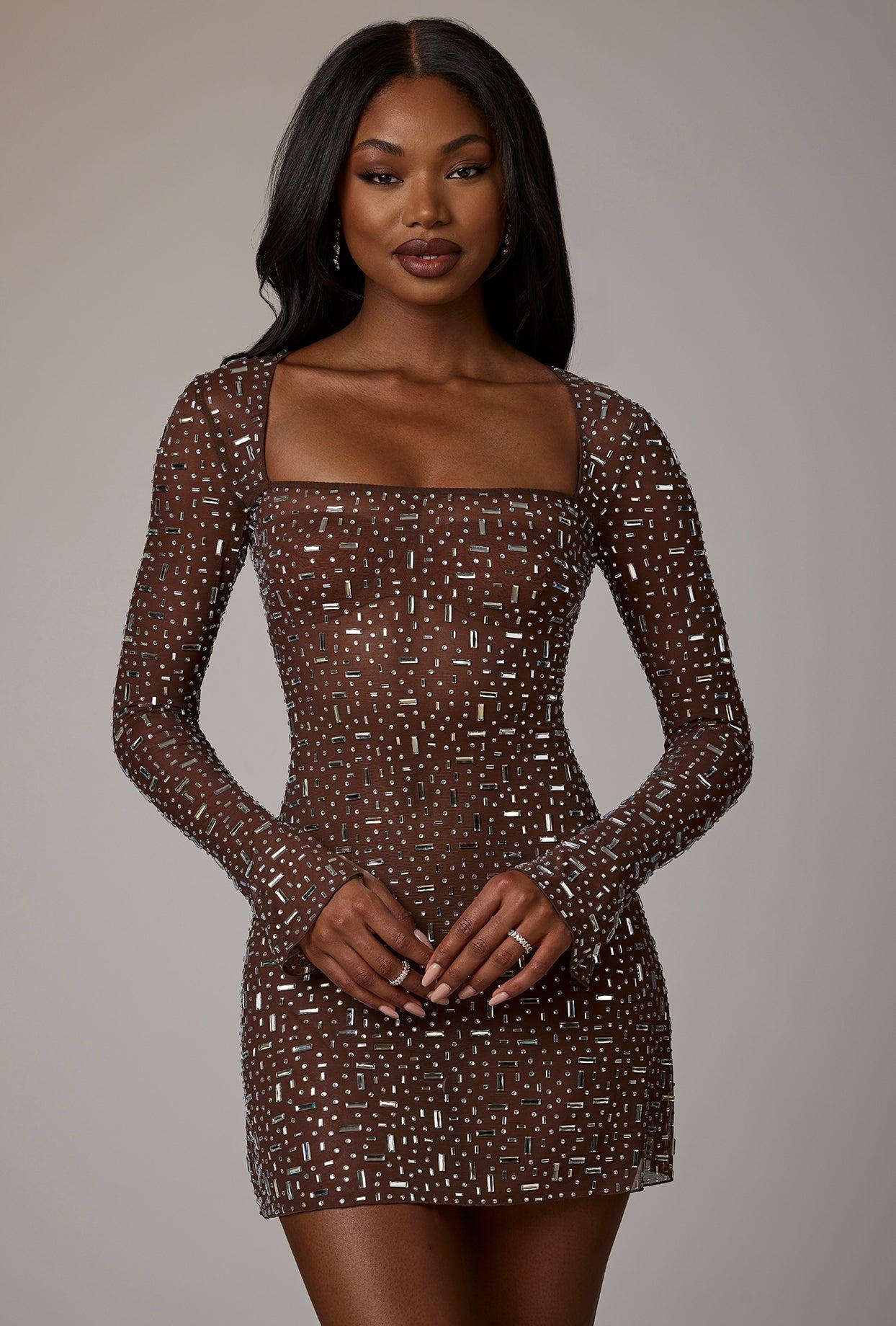 Sheer Embellished Long Sleeve A-Line Mini Dress in Deep Cocoa Product Image