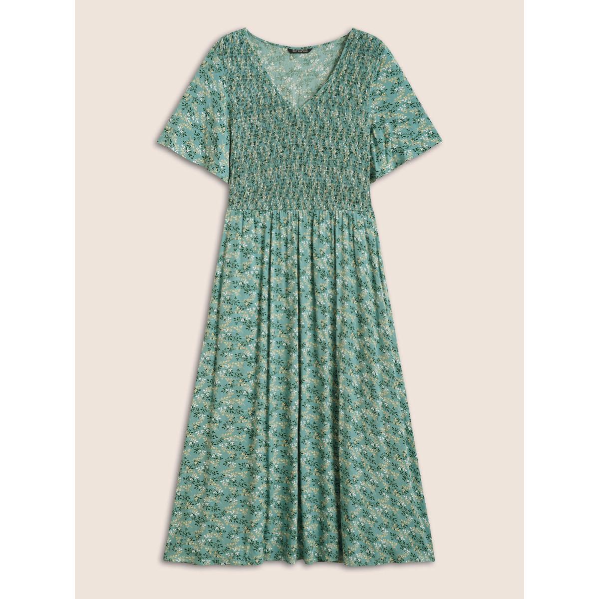 Plus Size Rayon Ditsy Floral V Neck Shirred Dress Mint Women Elegant Shirred V-neck Short sleeve Curvy BloomChic 18-20/2X Product Image