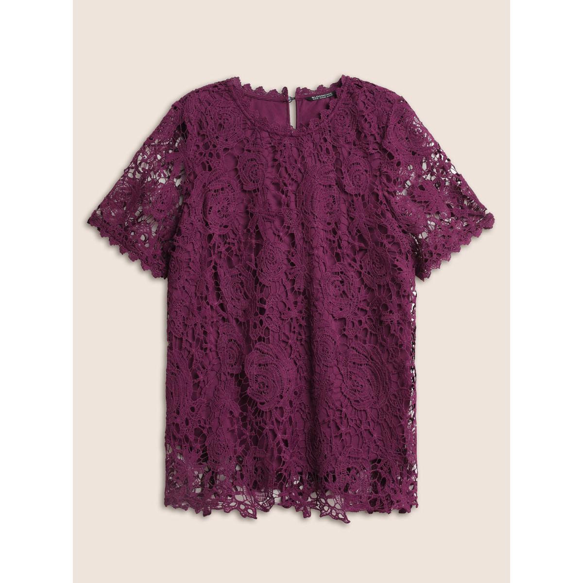 Plus Size Purple Lace Panel Patchwork Cut Out Blouse Women Elegant Half Sleeve Round Neck Everyday Blouses BloomChic 12/L Product Image