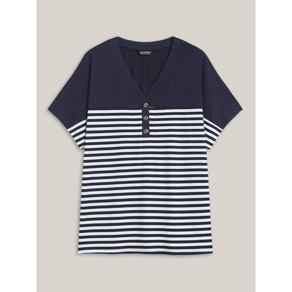 Plus Size Stretchy Striped Button Front T-Shirt Indigo Women Casual Contrast V-neck Everyday T-shirts BloomChic 26/4X Product Image