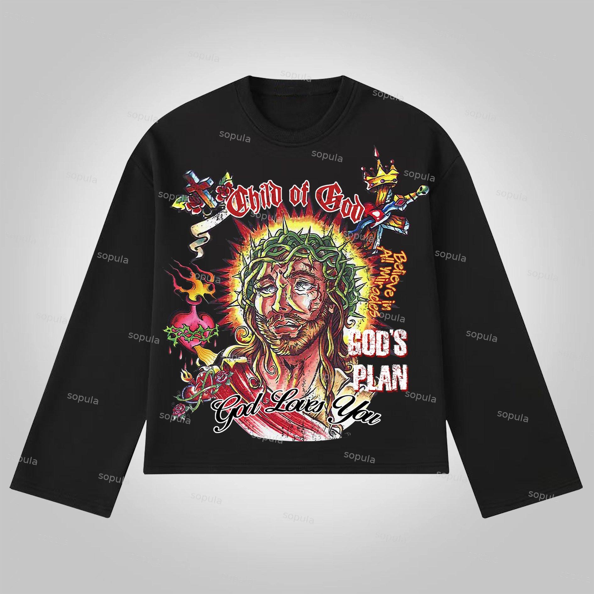 Sopula Jesus Portrait Faith Cross Graphic Print Cotton Long Sleeve T-Shirt Product Image