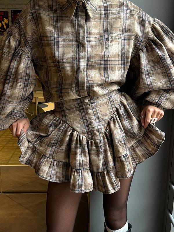 Loose Plaid Puff Sleeves Split-Joint Lapel Blouse + Pleated Ruffled Miniskirts Two Pieces Set Product Image