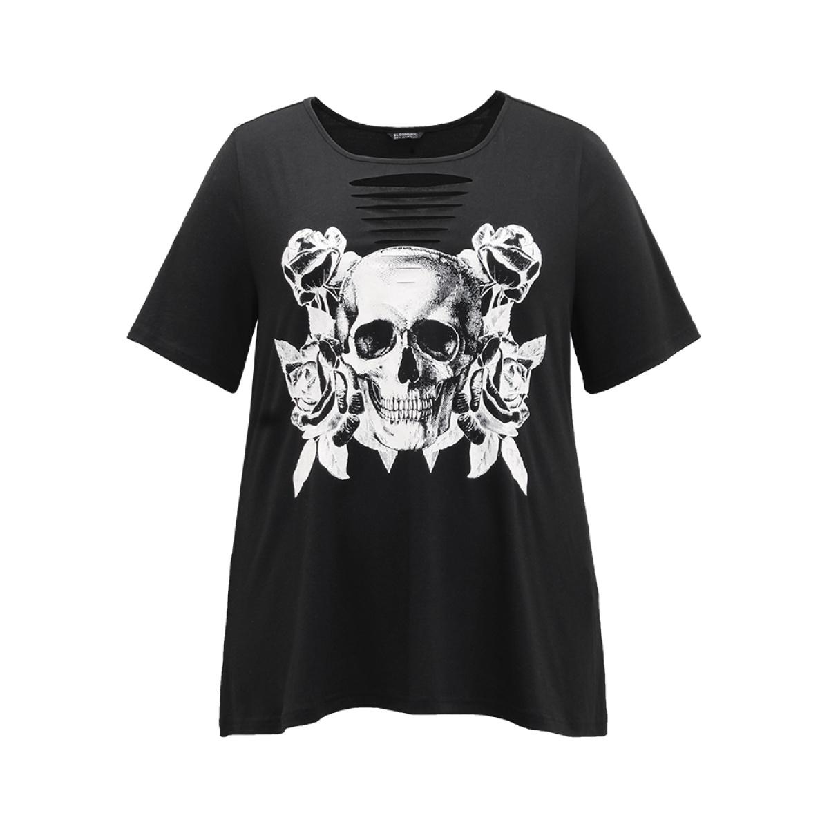 Plus Size Halloween Skull Print Keyhole T-shirt Black Women Casual Printed Graphic-Halloween Festival-Halloween T-shirts BloomChic 22-24/3X Product Image