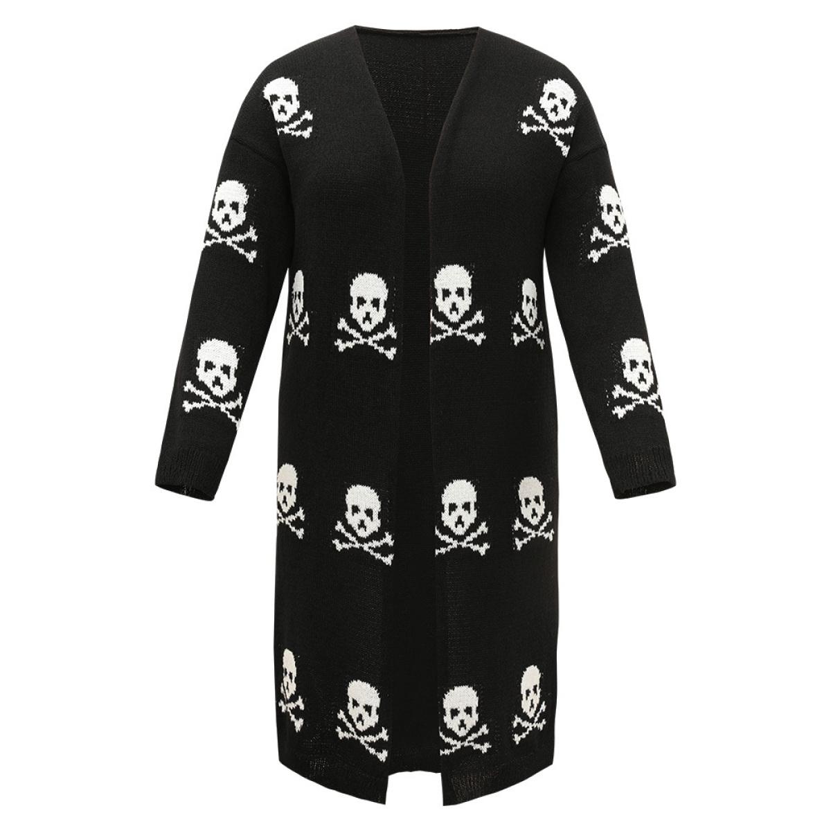 Plus Size Halloween Skull Print Split Side Drop Shoulder Maxi Cardigan Black Women Casual Loose Long Sleeve Festival-Halloween Cardigans BloomChic 26/4X Product Image