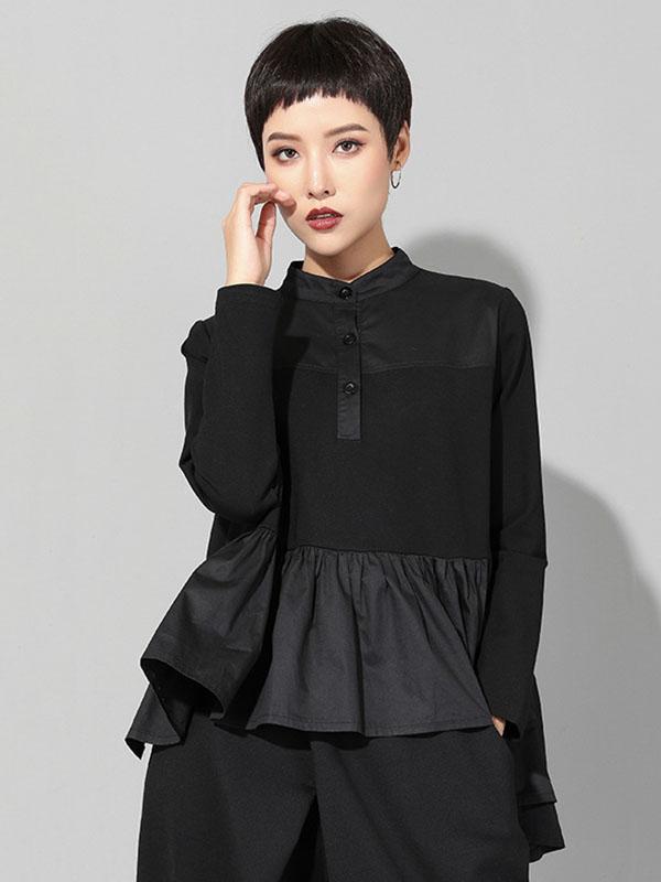 Original Creation Long Sleeves Loose Falbala Split-Joint Stand Collar T-Shirts Tops Product Image