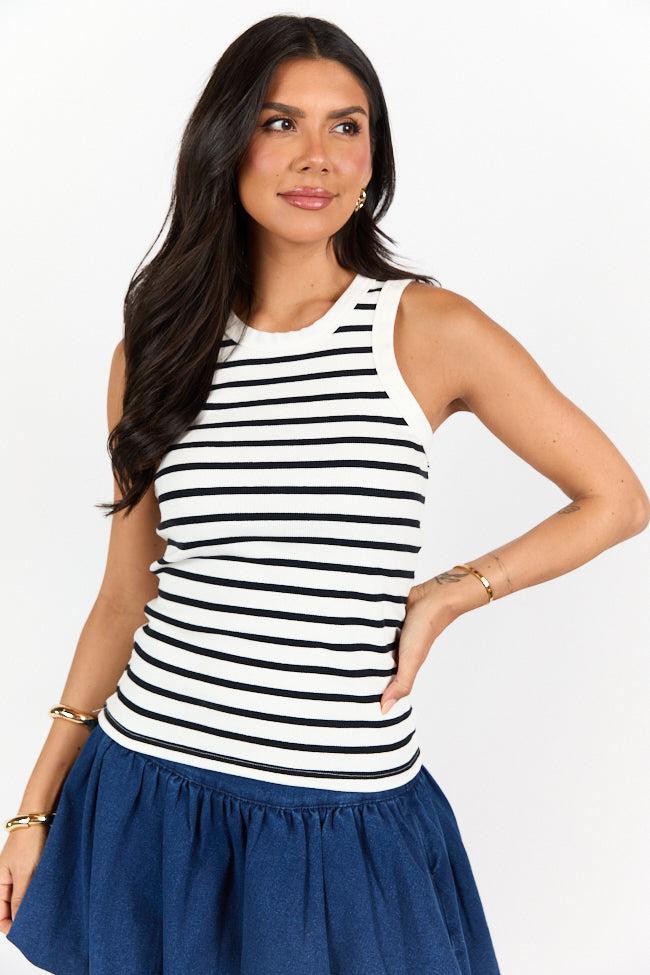 Simple Ivory and Black Ribbed Knit Stripe Tank DOORBUSTER Product Image