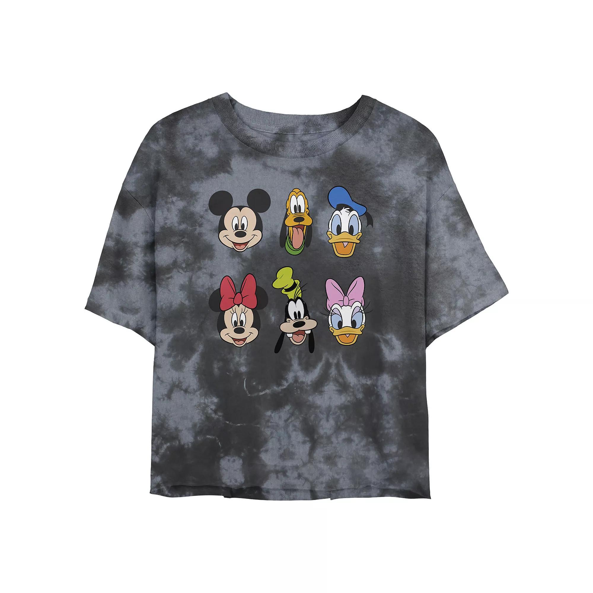 Disney's Mickey Mouse & Friends Juniors' Group Shot Heads Wash Crop Tee, Girl's, Size: XL, Black Grey Product Image