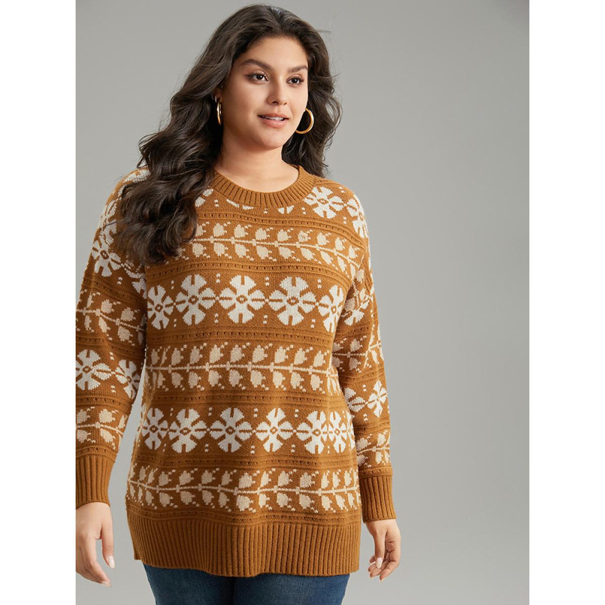 Plus Size Supersoft Essentials Anti-Pilling Geo Print Elastic Cuffs Pullover Chocolate Women Casual Loose Long Sleeve Round Neck Dailywear Pullovers BloomChic 10/M Product Image