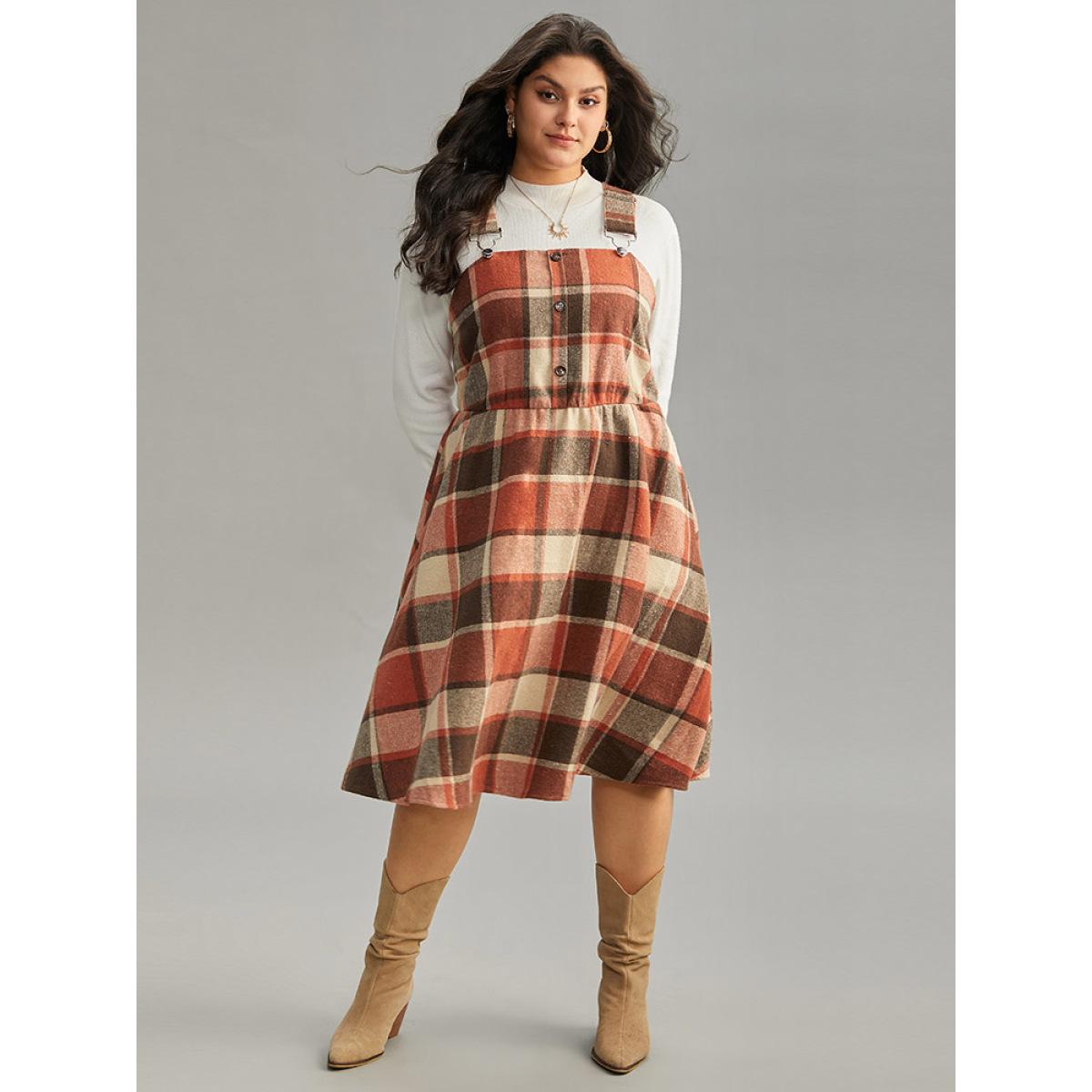 Plus Size Plaid Elastic Waist Button Detail Adjustable Straps Dress Chocolate Women Casual Adjustable Straps Spaghetti Strap Sleeveless Curvy Midi Dress BloomChic 22-24/3X Product Image