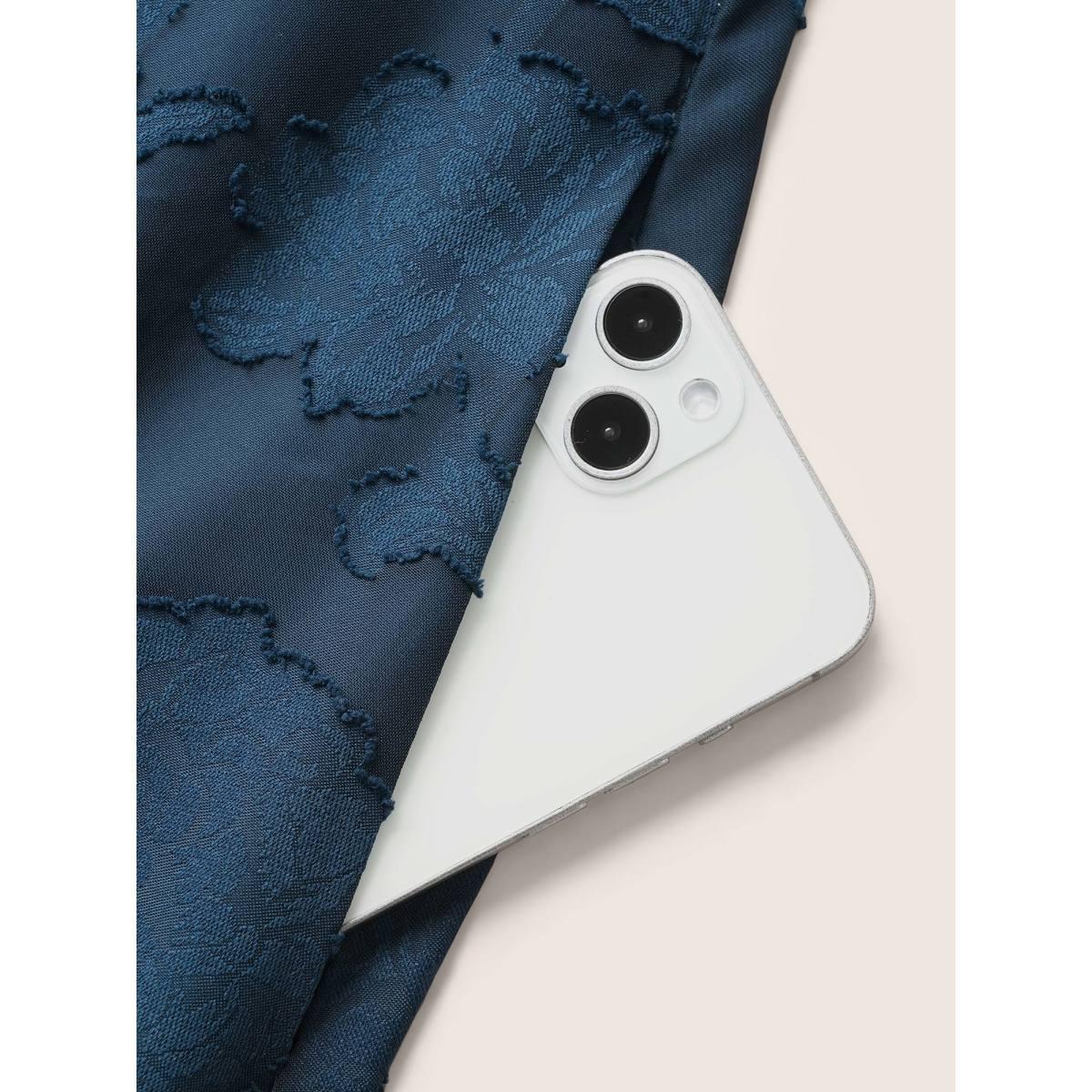 Plus Size Textured Mesh Puff Sleeve Button Detail Dress DarkBlue Women Elegant Texture V-neck Short sleeve Curvy BloomChic 14-16/1X Product Image