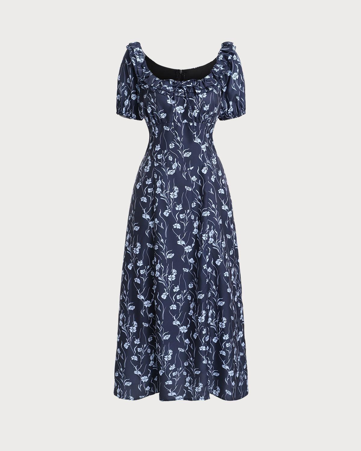 Navy Floral U-Neck Puffed-Sleeve Maxi Dress Product Image