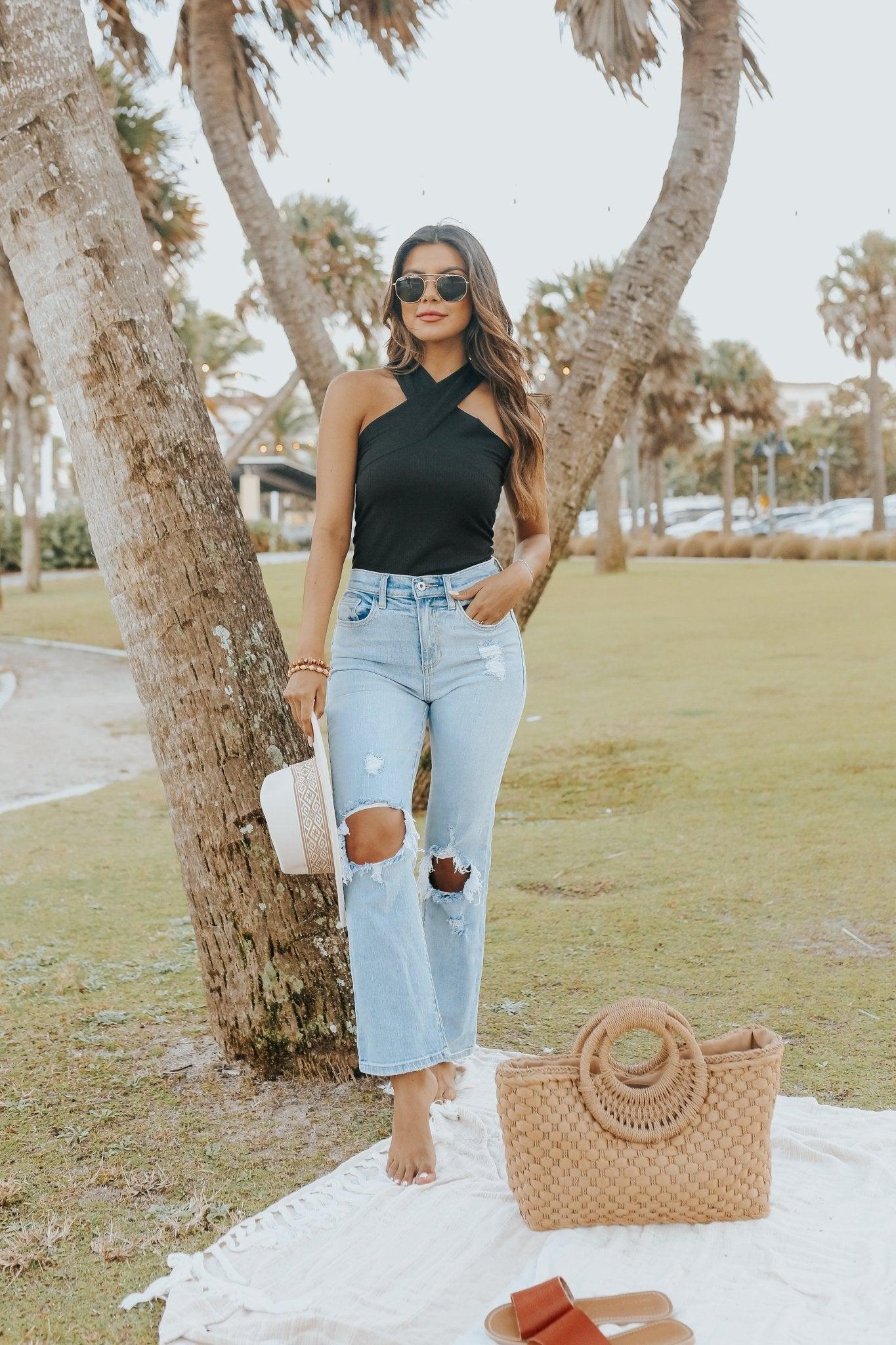 Cross Front Halter Ribbed Bodysuit - FINAL SALE Female Product Image