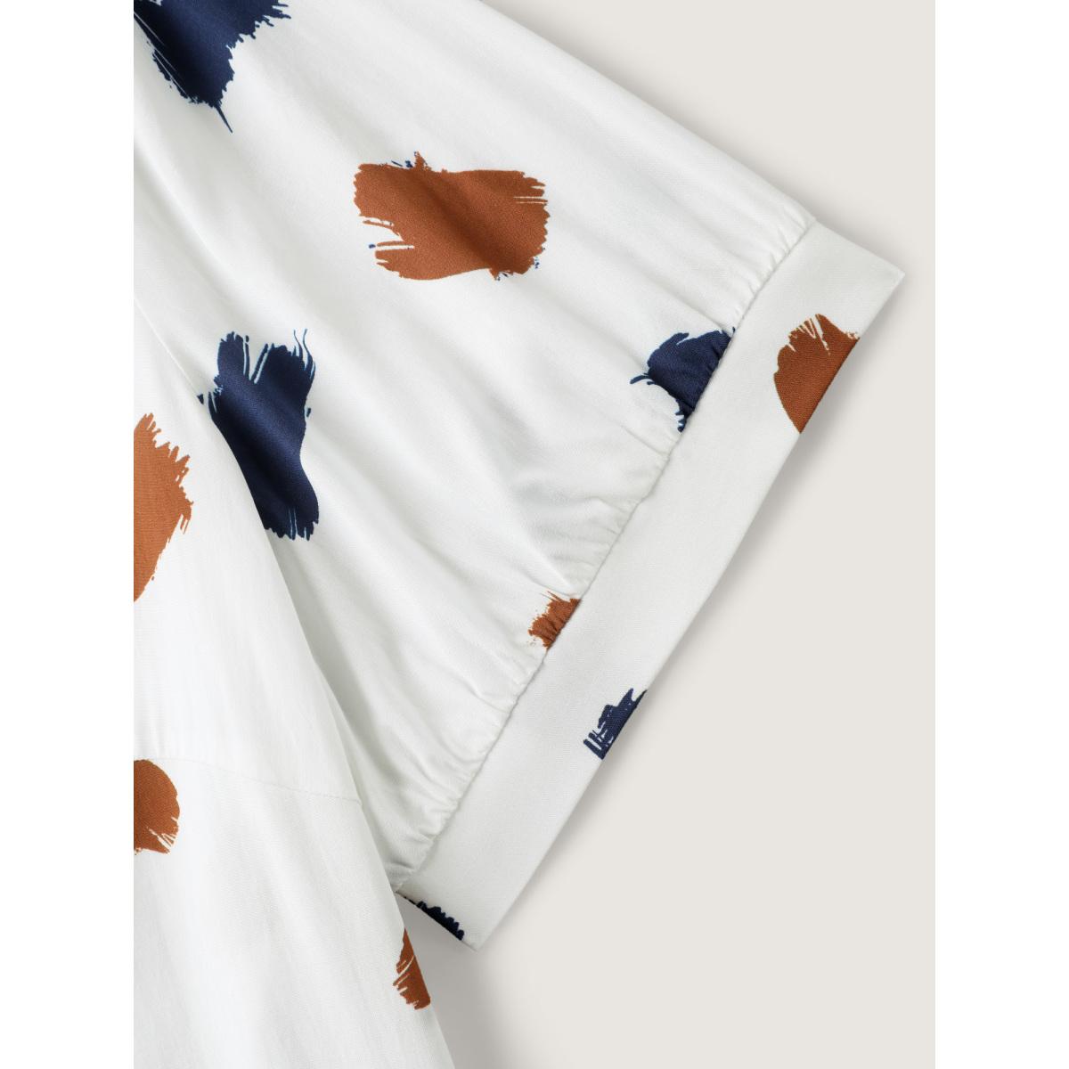 Plus Size WhiteSmoke Brush Strokes Neck Tassels Blouse Women Half Sleeve Flat collar with V-notch Office Blouses BloomChic 12/L Product Image