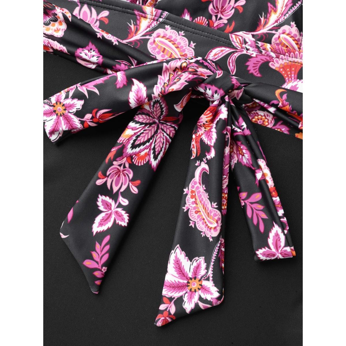 Plus Size Floral Print Front-Knot One-Piece Swimsuit Women's Swimwear Black Beach Tie knot Curve Bathing Suits High stretch One Pieces BloomChic 14-16/1X Product Image