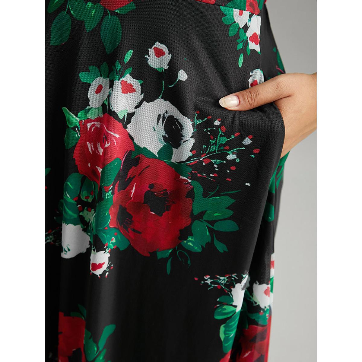 Plus Size Floral Mesh Patchwork Elastic Waist Dress Black Women Cocktail See through V-neck Half Sleeve Curvy Midi Dress BloomChic 10/M Product Image