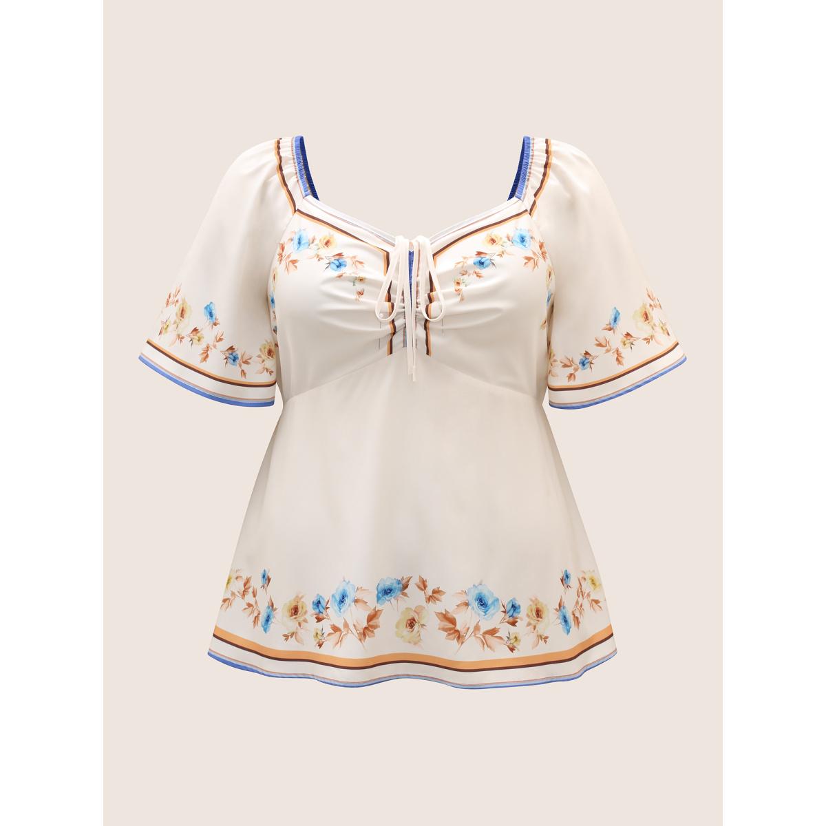 Plus Size Multicolor Heart Neckline Boho Print Drawstring Blouse Women Elegant Short sleeve Heart neckline Everyday Blouses BloomChic 10/M Product Image