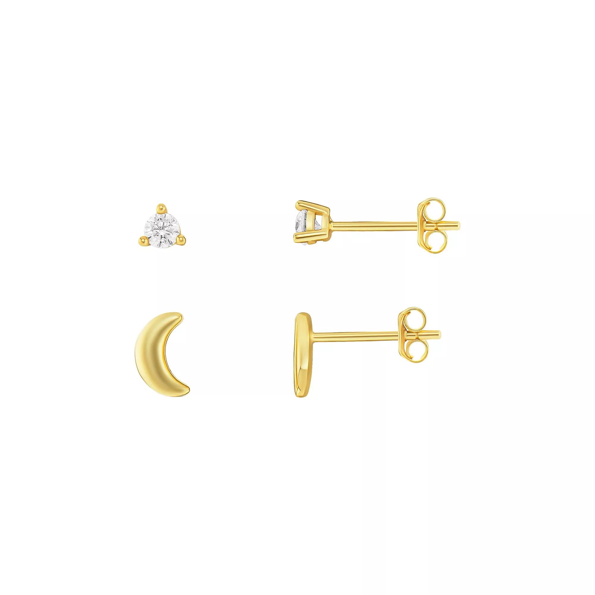 PRIMROSE 24k Gold over Sterling Silver Round Cubic Zirconia Stud Earrings & Polished Crescent Moon Stud Earrings Duo Set, Women's, Gold Tone White Product Image