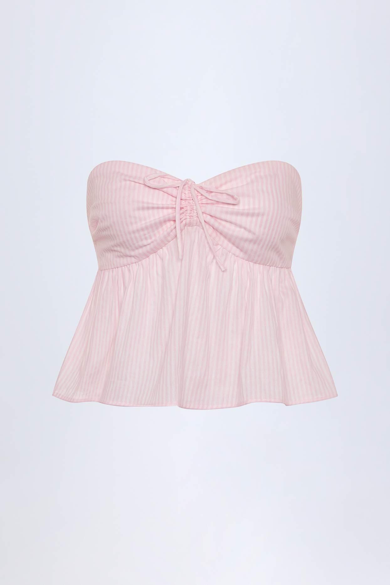 Tie-Front Strapless Cotton-Poplin Crop Top in Pink White Stripe Product Image