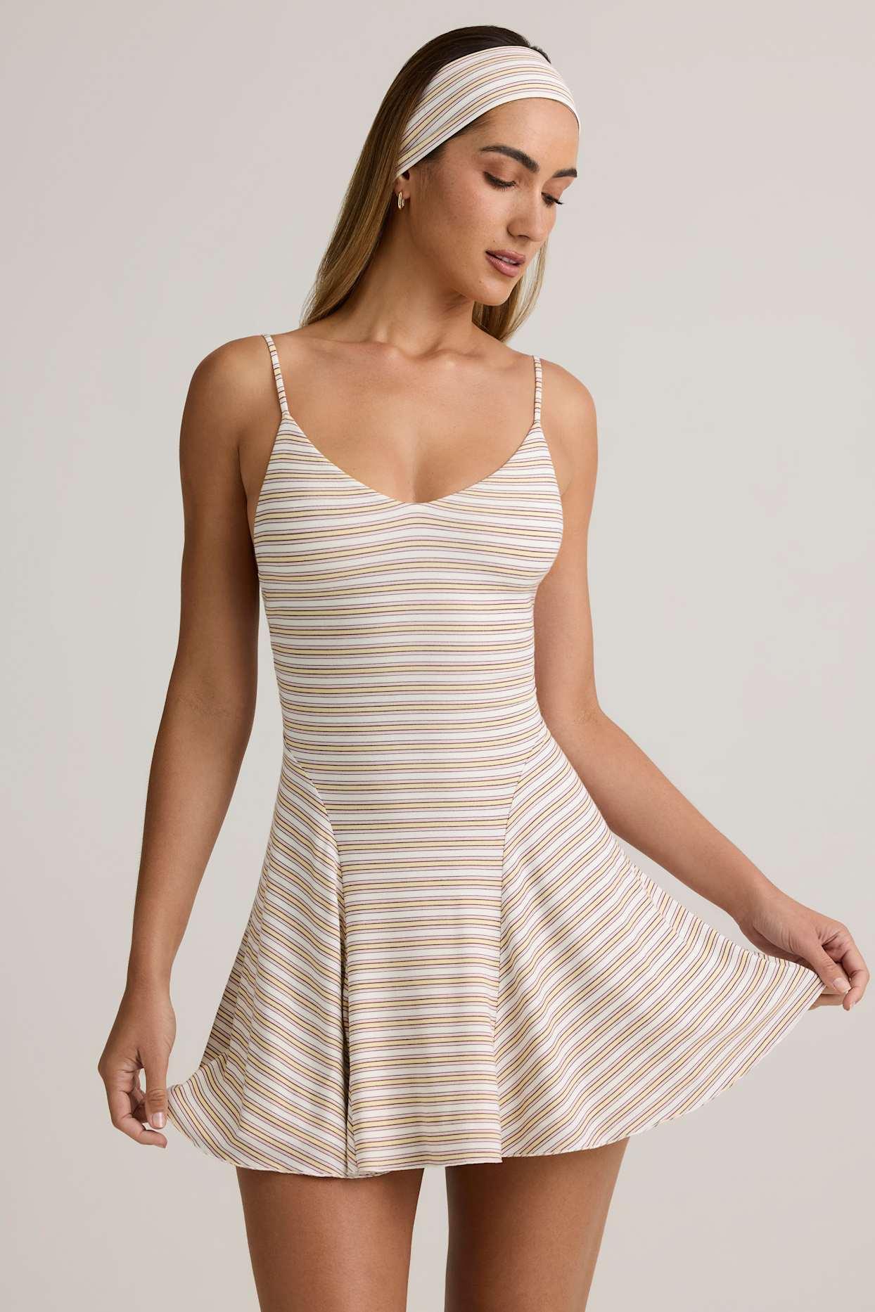 Modal Ribbed Tie-Back A-Line Mini Dress in Pink Yellow Stripe Female Product Image