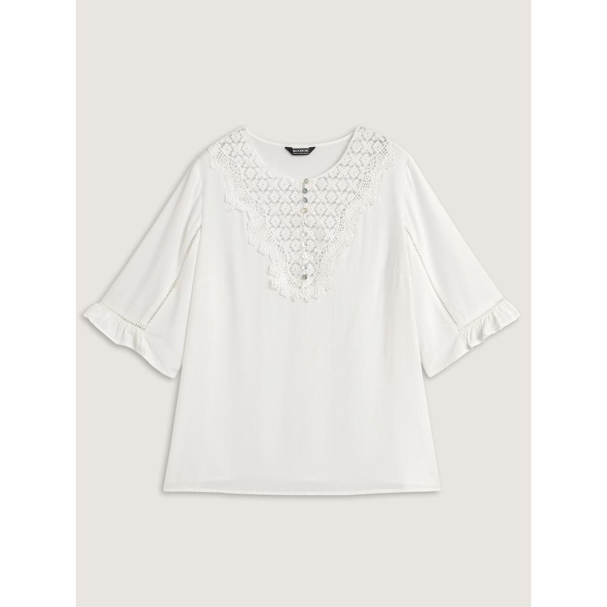 Plus Size WhiteSmoke Lace Spliced Button Detail Blouse Women Elbow-length sleeve Round Neck Elegant Blouses BloomChic 26/4X Product Image