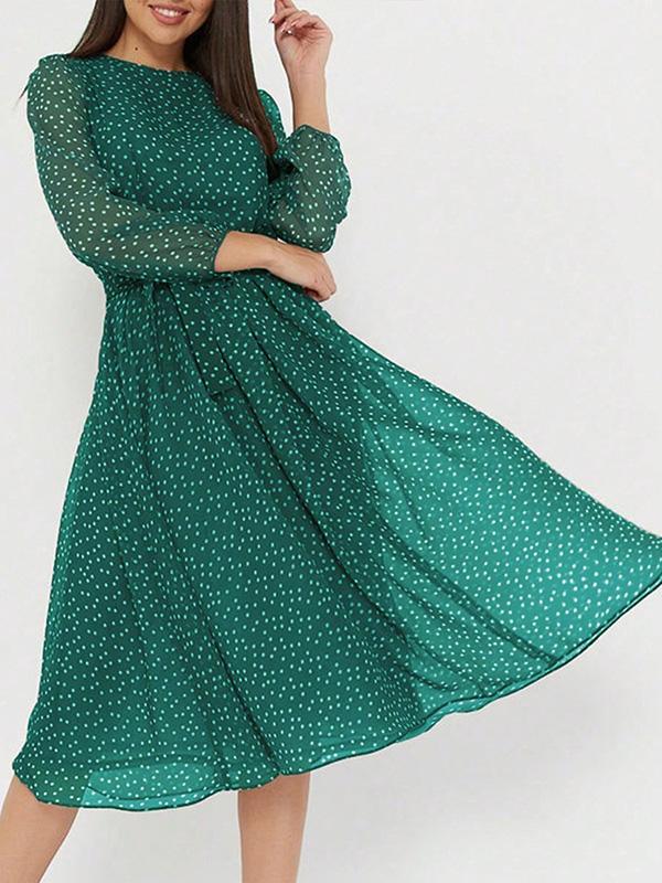 A-Line High Waisted Polka-Dot Tied Waist Round-Neck Midi Dresses Product Image
