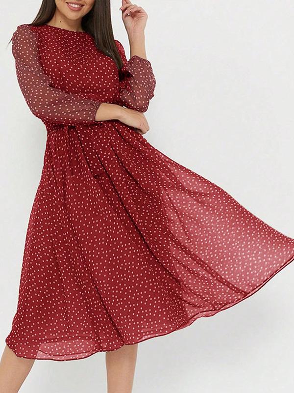 A-Line High Waisted Polka-Dot Tied Waist Round-Neck Midi Dresses Product Image