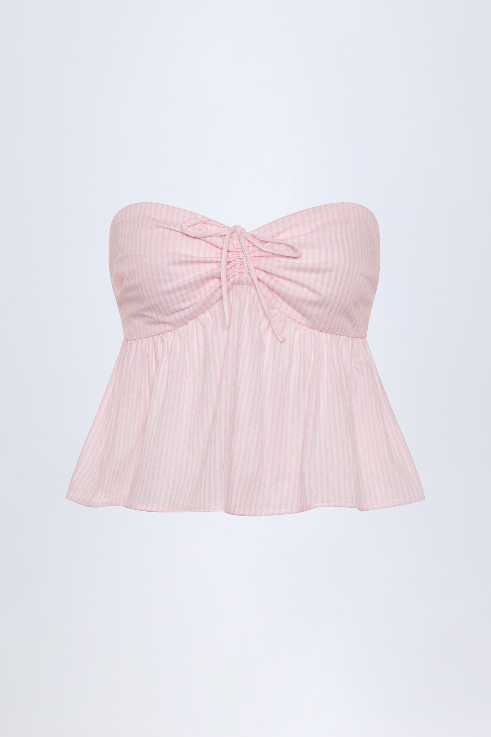 Tie-Front Strapless Cotton-Poplin Crop Top in Pink White Stripe Product Image