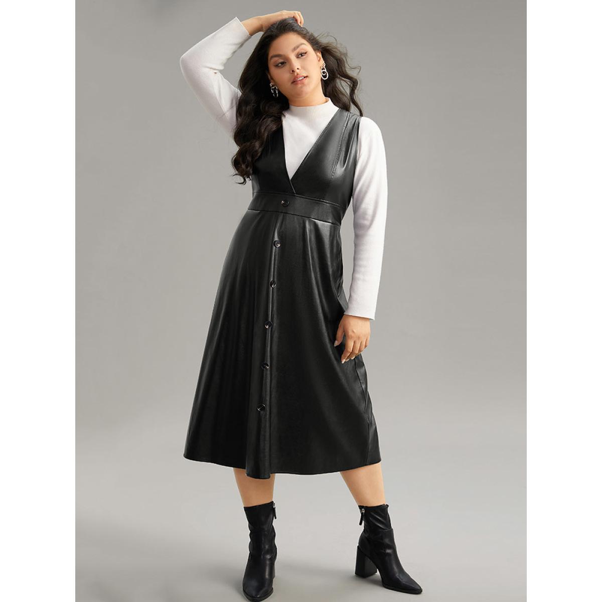 Plus Size PU Leather Sleeveless Button Detail Dress Black Women Office Plain V-neck Sleeveless Curvy Midi Dress BloomChic 22-24/3X Product Image