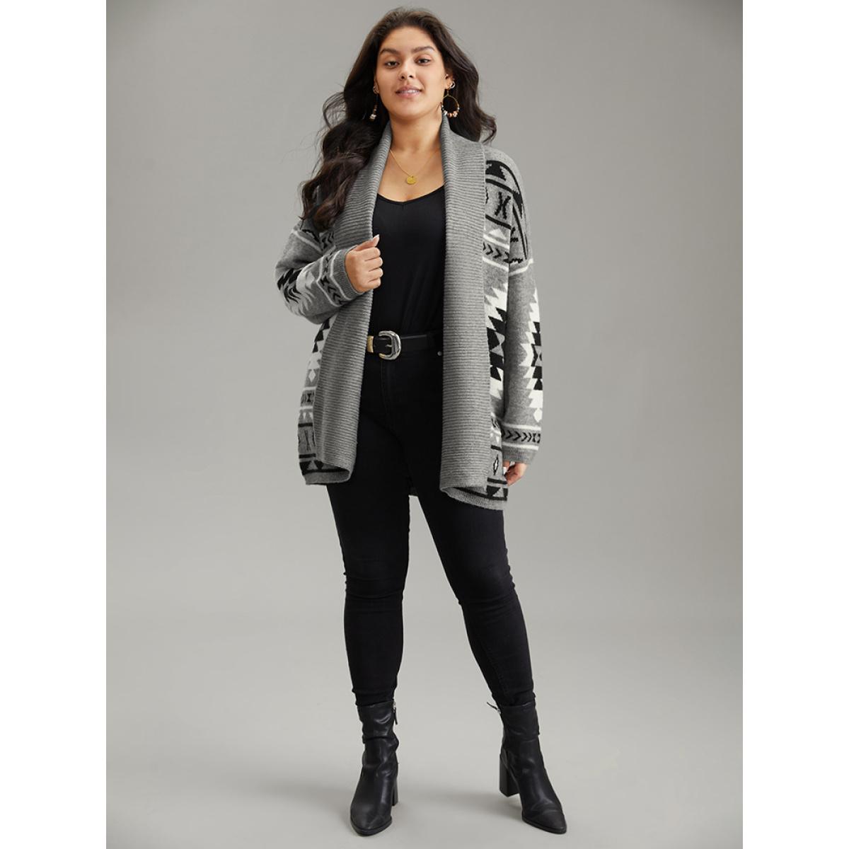 Plus Size Bandana Print Lapel Collar Open Front Cardigan Gray Women Casual Loose Long Sleeve Everyday Cardigans BloomChic 12/L Product Image