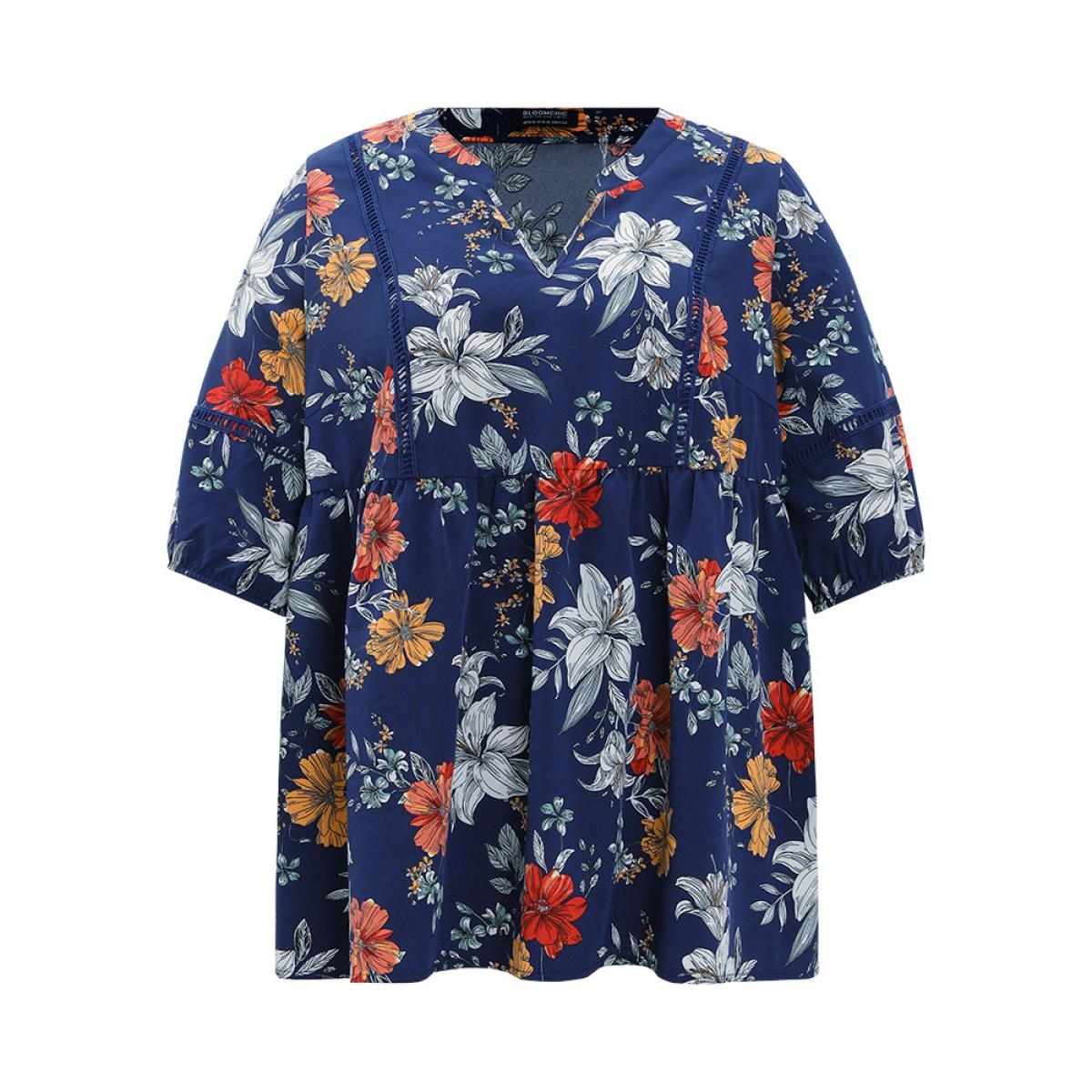 Plus Size Indigo Floral Lantern Sleeve Lace Gathered Notched Blouse Women Elegant Elbow-length sleeve Notched collar Dailywear Blouses BloomChic 26/4X Product Image