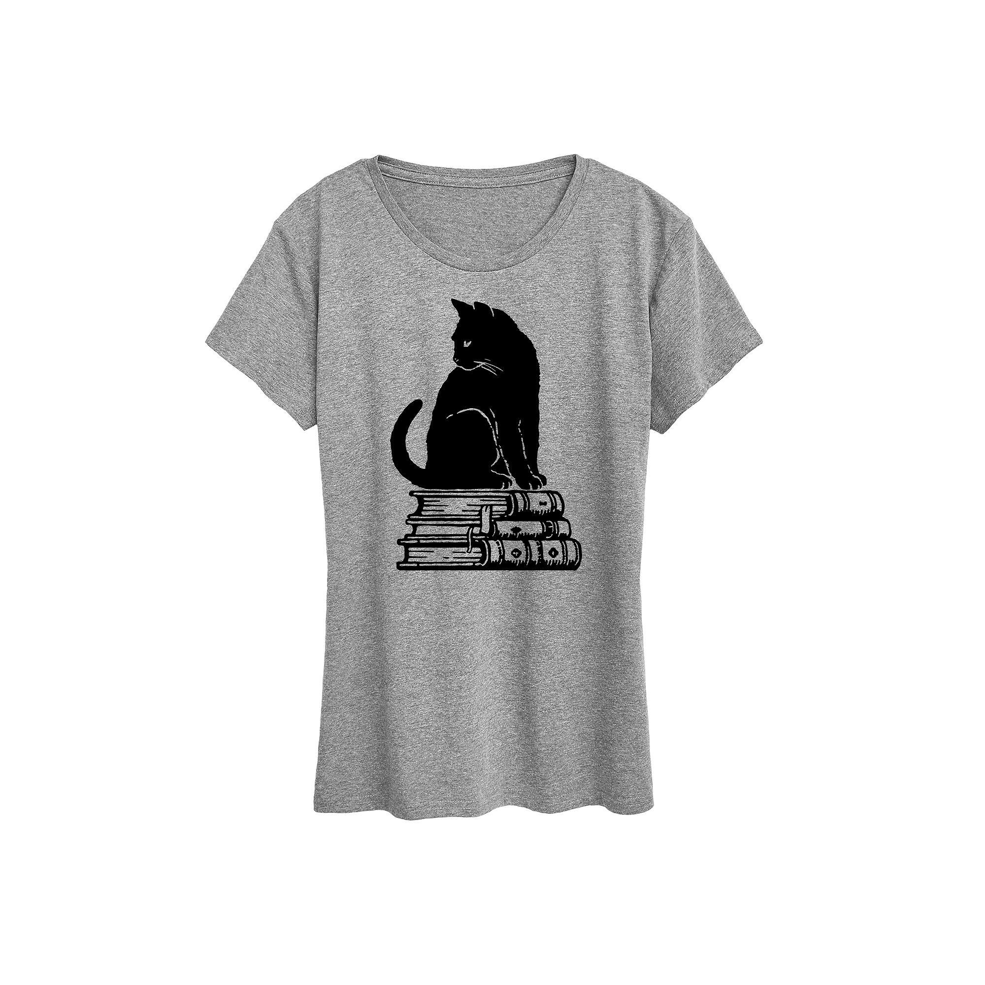 Women's Black Cat on Books Graphic Tee, Girl's,  Product Image