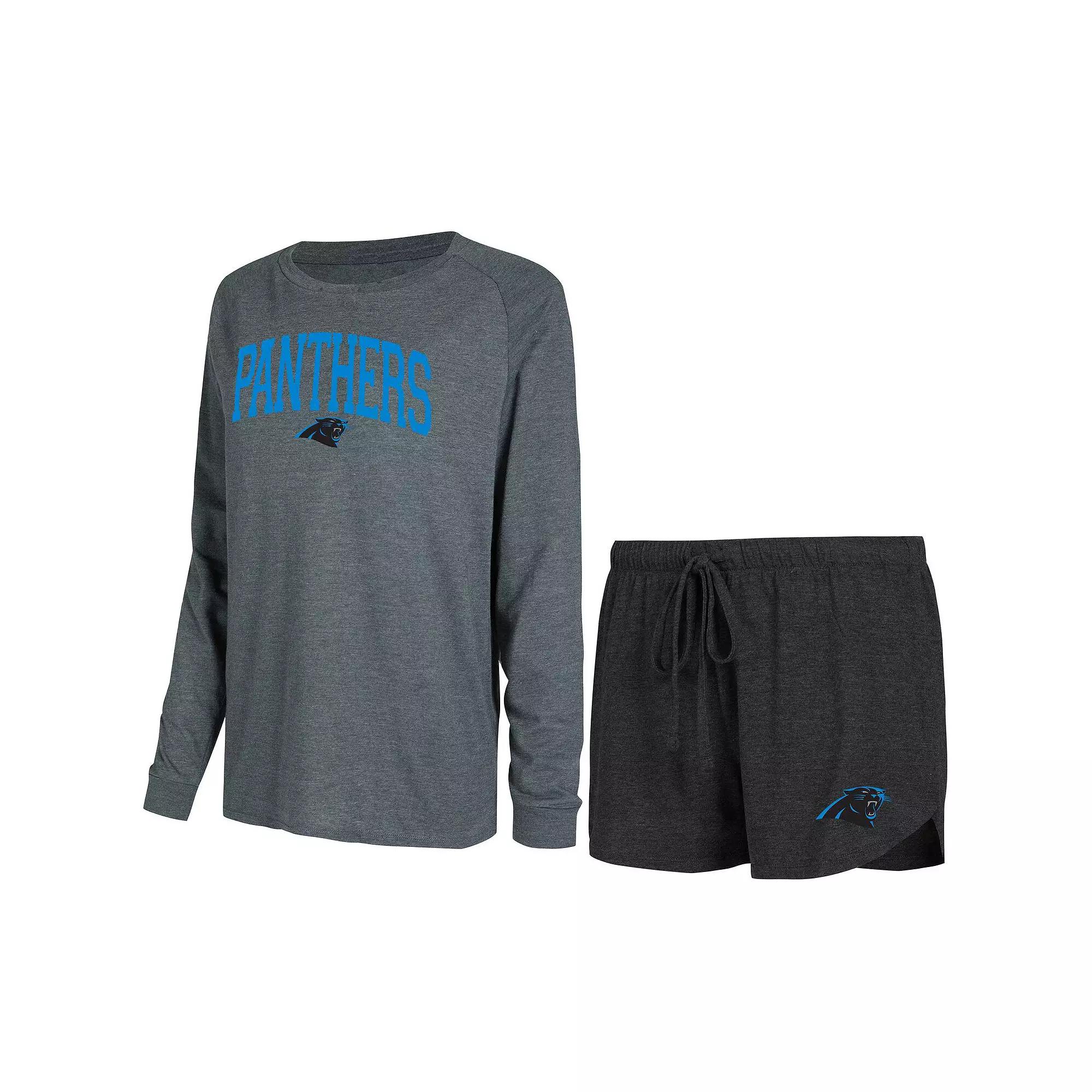 Women's Concepts Sport Black/Charcoal Carolina Panthers Raglan Long Sleeve T-Shirt & Shorts Lounge Set,  Product Image
