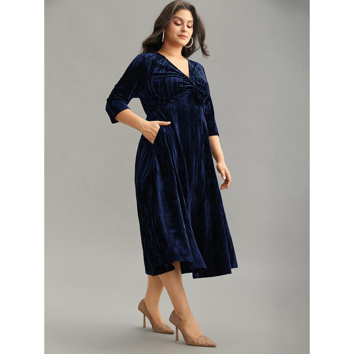 Plus Size Plain Velvet V Neck Twist Front Dress DarkBlue Women Cocktail Velvet V-neck Elbow-length sleeve Curvy Midi Dress BloomChic 22-24/3X Product Image