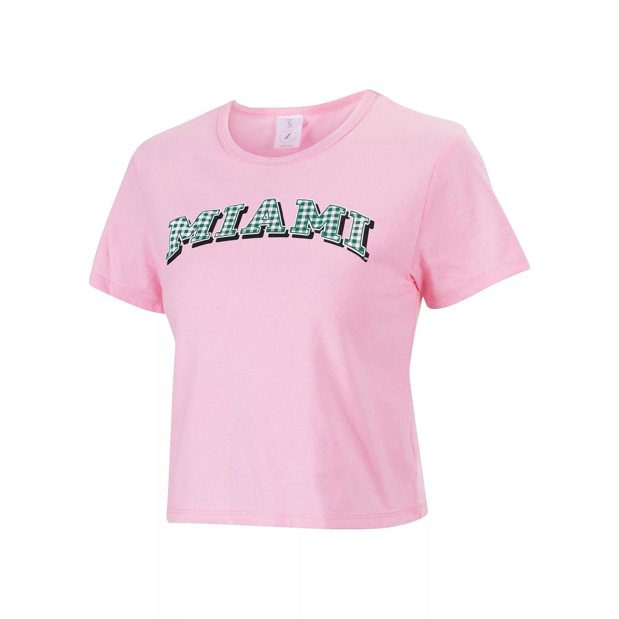 Women's ZooZatz Pink Miami Hurricanes Gingham Logo Cropped T-Shirt,  Product Image