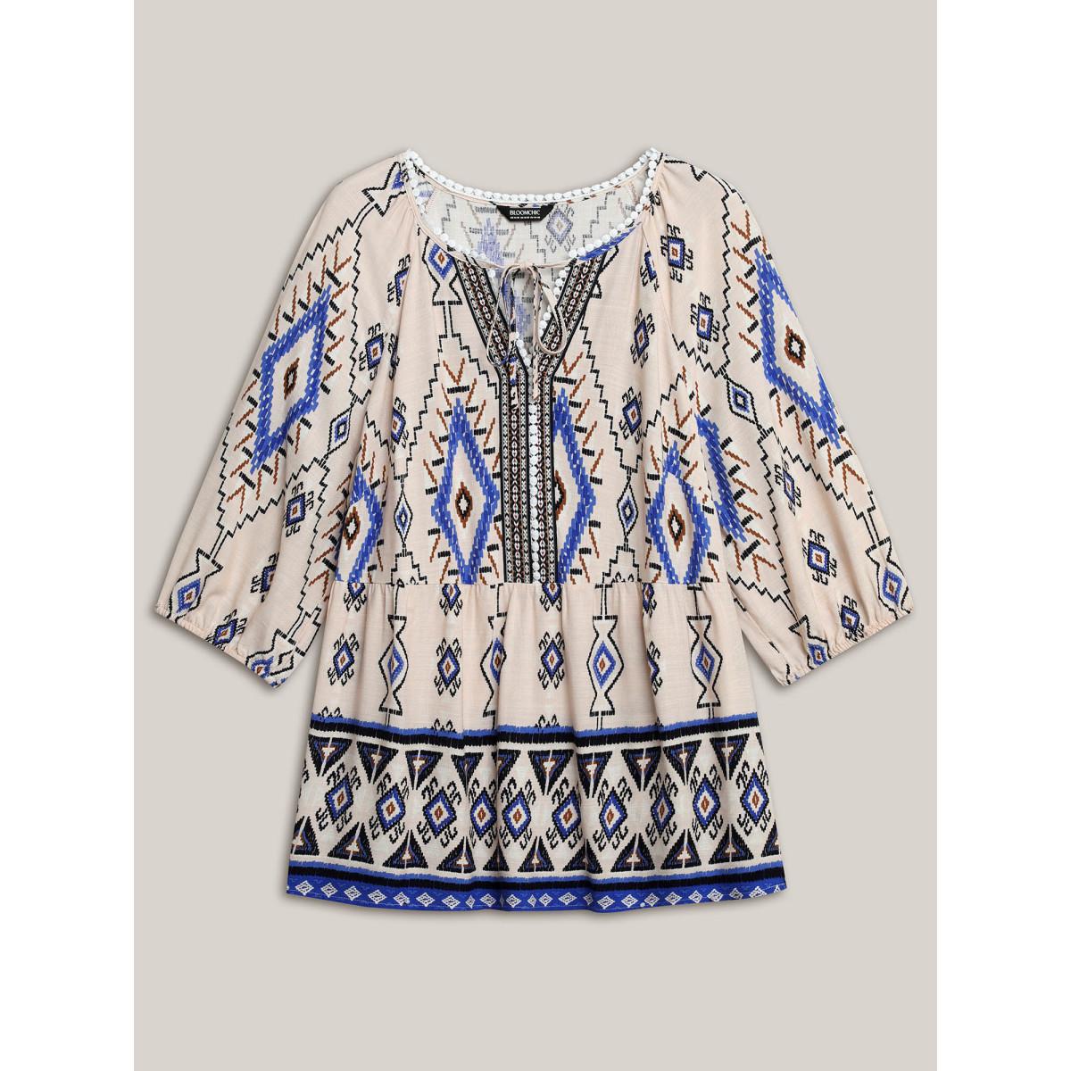 Plus Size Multicolor Boho Print Lace Detail Neck Tie Blouse Women Elbow-length sleeve Notched collar Vacation Blouses BloomChic 26/4X Product Image