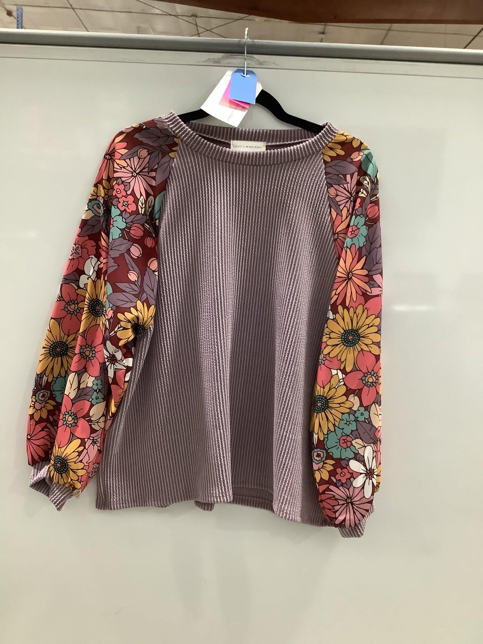 Ribbed Knit Tops With Floral Long Sleeves Product Image