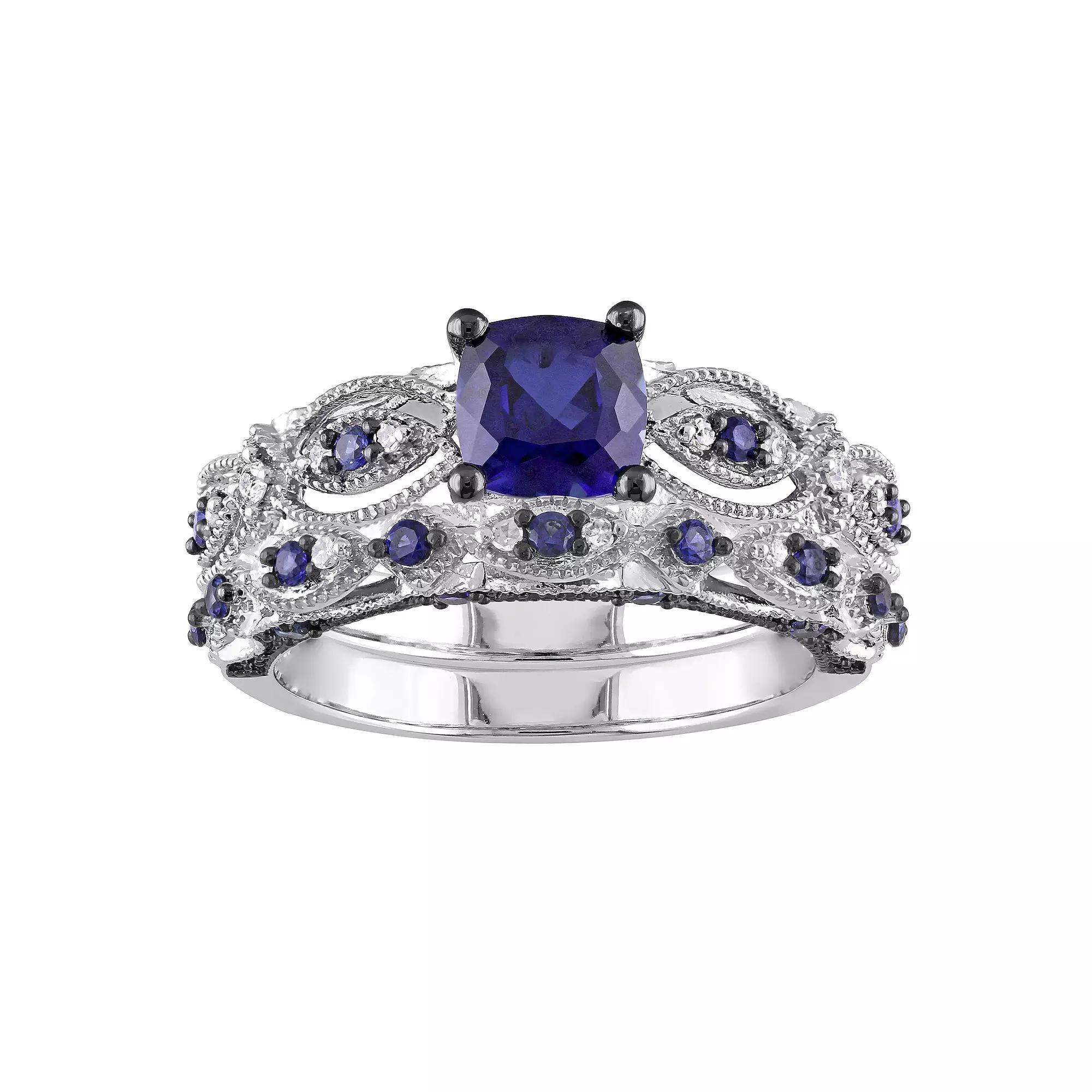 Stella Grace 10k White Gold Lab-Created Sapphire & 1/10 Carat T.W. Diamond Vintage Filigree Engagement Ring Set, Women's, Size: 7 Product Image